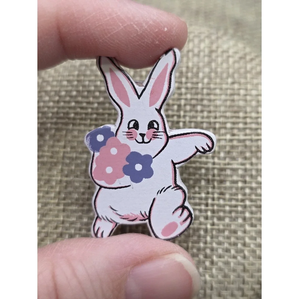 Wooden Easter Bunny With Flowers Brooch Pin